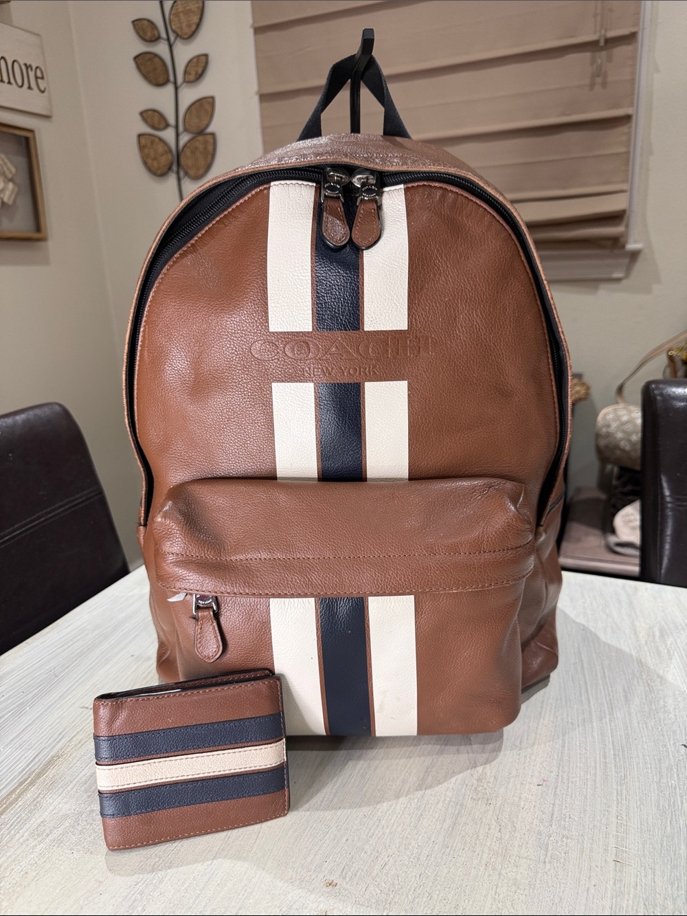 Coach Houston Men’s Brown Leather Backpack Set with Stripe Accent